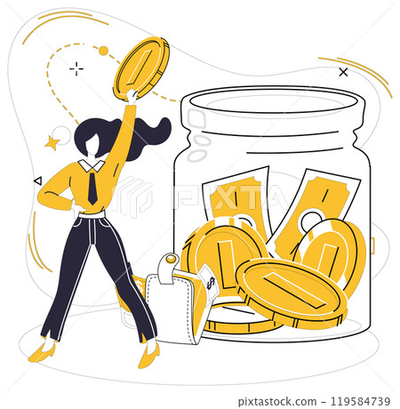 Savings account. Woman adding coin to jar, indicating saving money. Ideal for financial planning, personal savings, budget management, economic stability, and responsible investing. Flat design Savings account. Woman adding coin to jar, indicating saving money. Ideal for financial planning, personal savings, budget management, economic stability, and responsible investing. Flat design 119584739