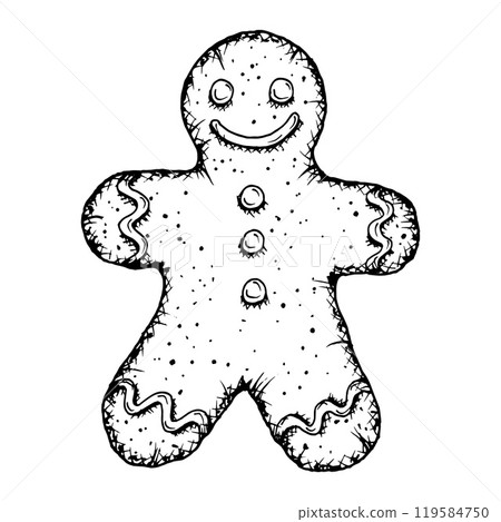 Merry Christmas treat, gingerbread man with icing. New Year vector illustration hand drawn with ink. Symbol of winter mood. New Year sweetness for bakery packaging, printing, gifts and handicrafts. 119584750