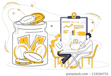 Savings account. Two people at a table with a piggy bank and a clipboard discussing finances. Ideal for financial planning, teamwork in savings, investment strategies, goal setting, and budget Savings account. Two people at a table with a piggy bank and a clipboard discussing finances. Ideal for financial planning, teamwork in savings, investment strategies, goal setting, and budget 119584755