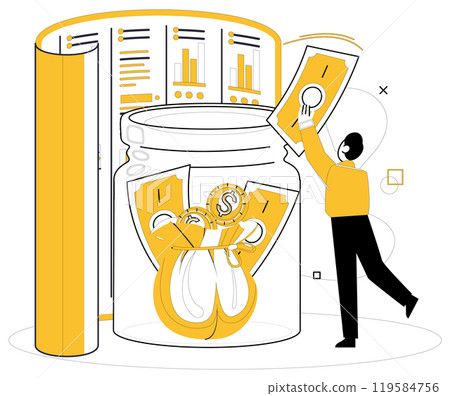 Savings account. A person deposits cash and coins into a jar. Financial reports with charts are in the background. Ideal for savings, financial planning, investment, money management, and budgeting 119584756