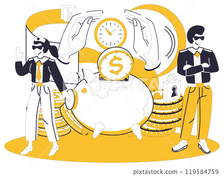 Savings account. Showcasing piggy bank, clock, coins, confident individuals, and secure lock. Ideal for financial planning, budgeting, investments, time management, and savings growth. Cartoon modern Savings account. Showcasing piggy bank, clock, coins, confident individuals, and secure lock. Ideal for financial planning, budgeting, investments, time management, and savings growth. Cartoon modern 119584759