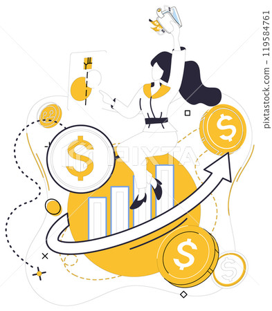 Savings account. Woman reaching for dollar sign among bar charts and coins. Ideal for financial growth, investment, budgeting, saving, and personal finance education. Clean, modern, minimalistic 119584761