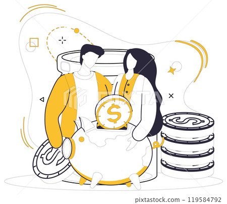 Savings account. A couple with a piggy bank and coins symbolizes financial planning and security. Ideal for family budgeting, future savings, financial education, investment, and money management Savings account. A couple with a piggy bank and coins symbolizes financial planning and security. Ideal for family budgeting, future savings, financial education, investment, and money management 119584792
