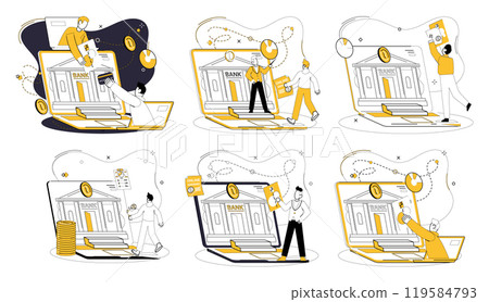 Online banking. Multiple scenes of individuals interacting with digital banking services on a laptop. Ideal for financial services, technology, digital payments, cybersecurity, remote banking 119584793