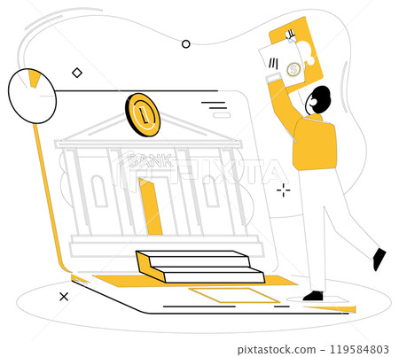 Online banking. A person holds a bank card in front of a digital representation of a bank building with a coin above it. Ideal for financial services, online payments, fintech, digital transactions 119584803