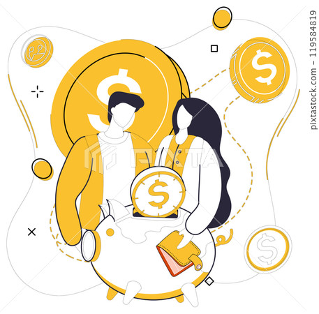 Savings account. A young couple stands beside a large piggy bank with coins and a wallet, symbolizing financial planning and savings. Ideal for budgeting, financial literacy, investment planning Savings account. A young couple stands beside a large piggy bank with coins and a wallet, symbolizing financial planning and savings. Ideal for budgeting, financial literacy, investment planning 119584819
