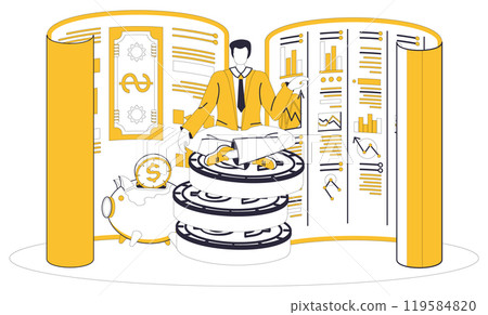 Savings account. A man in business attire sits meditating on a stack of coins. Surrounding him are financial charts and a piggy bank. Ideal for financial planning, saving strategies, investment Savings account. A man in business attire sits meditating on a stack of coins. Surrounding him are financial charts and a piggy bank. Ideal for financial planning, saving strategies, investment 119584820