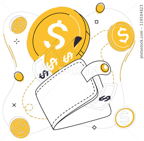 Savings account. A wallet with dollar bills and large coins around it with dollar symbols, illustrating financial themes. Ideal for money management, saving, finance education, banking, budgeting 119584823