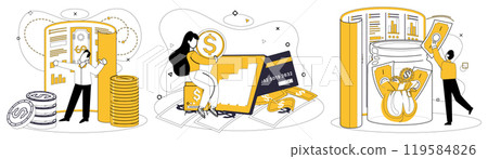 Savings account. Man standing next to a large coin stack and documents, woman with a coin and credit card, another man placing money into a jar. Ideal for financial planning, savings, banking Savings account. Man standing next to a large coin stack and documents, woman with a coin and credit card, another man placing money into a jar. Ideal for financial planning, savings, banking 119584826
