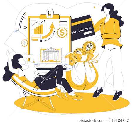 Savings account. Two women managing their finances with a laptop, coins, bank card and financial chart. Ideal for personal finance management, digital banking, budgeting, financial planning Savings account. Two women managing their finances with a laptop, coins, bank card and financial chart. Ideal for personal finance management, digital banking, budgeting, financial planning 119584827