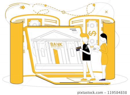 Savings account. A man and woman stand in front of a laptop displaying a bank building. Yellow and white tones dominate the background. Ideal for online banking, financial management, digital 119584838