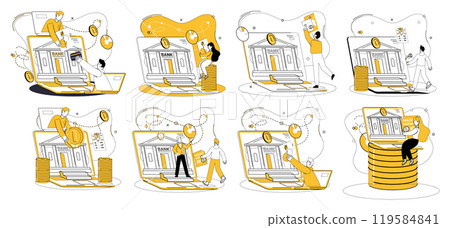 Online banking. People interacting with laptops displaying bank buildings and coins emphasize online transactions, financial management, and digital savings. Ideal for financial services, e-commerce Online banking. People interacting with laptops displaying bank buildings and coins emphasize online transactions, financial management, and digital savings. Ideal for financial services, e-commerce 119584841