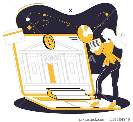 Savings account. A woman interacts with a large laptop displaying a bank building, symbolizing digital banking. Ideal for online banking, savings, financial technology, digital transactions Savings account. A woman interacts with a large laptop displaying a bank building, symbolizing digital banking. Ideal for online banking, savings, financial technology, digital transactions 119584849
