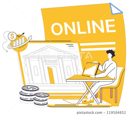 Online banking. Person using a laptop for banking transactions, money growth chart, coins and bank building. Ideal for financial management, remote banking, saving, investment planning, digital Online banking. Person using a laptop for banking transactions, money growth chart, coins and bank building. Ideal for financial management, remote banking, saving, investment planning, digital 119584852