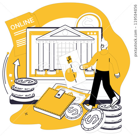 Online banking. Man accessing online banking services on a laptop, with financial elements like wallets, coins, and bank icons. Ideal for finance, technology, banking, digital transactions 119584856