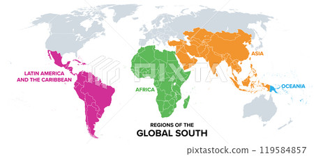 Regions of the Global South, colored political map. Developing countries divided into the regions Africa, Asia, Latin America and the Caribbean, and Oceania. Countries of Global North in gray color. 119584857