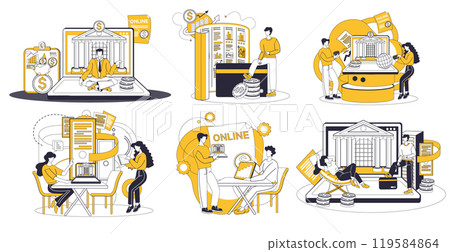 Savings account. Various people engaging in banking activities like online transactions financial planning and saving money while interacting with technology. Ideal for personal finance online 119584864