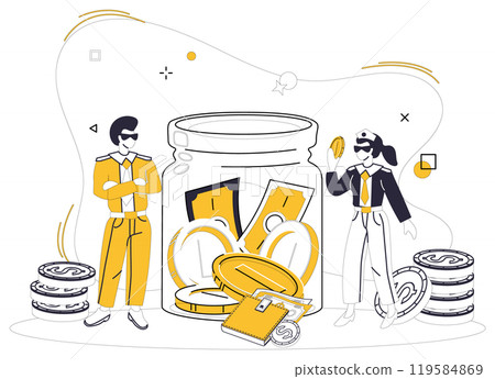 Savings account. Two people standing near a jar with money and coins, representing saving and financial management. Ideal for personal finance, banking, saving goals, wealth management, financial 119584869