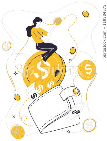 Savings account. A woman sitting on a large dollar coin with additional coins, cash, and a wallet around her. Ideal for financial growth, savings plans, money management, investments, and economic 119584875