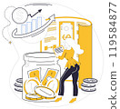 Savings account. A young woman stands next to a jar filled with coins and currency notes, examining a financial document. Overhead is a growing financial chart indicating upward trends. Ideal for 119584877