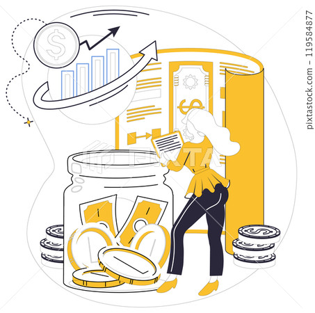 Savings account. A young woman stands next to a jar filled with coins and currency notes, examining a financial document. Overhead is a growing financial chart indicating upward trends. Ideal for Savings account. A young woman stands next to a jar filled with coins and currency notes, examining a financial document. Overhead is a growing financial chart indicating upward trends. Ideal for 119584877