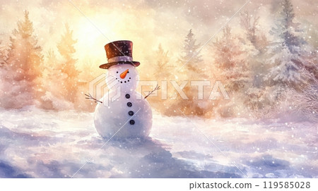 Classic snowman with coal buttons and carrot nose, frosted trees in the background, warm sunset light casting long shadows. Christmas Classic snowman with coal buttons and carrot nose, frosted trees in the background, warm sunset light casting long shadows. Christmas 119585028