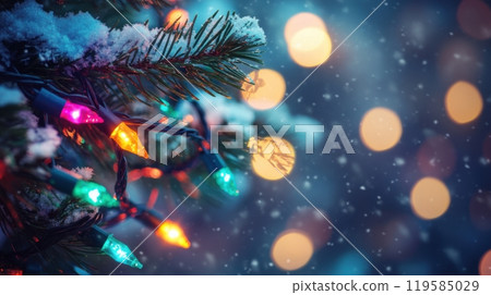 Vibrant Christmas lights glowing on a pine tree, snowy backdrop and distant bokeh lights creating a soft and festive mood. Christmas 119585029