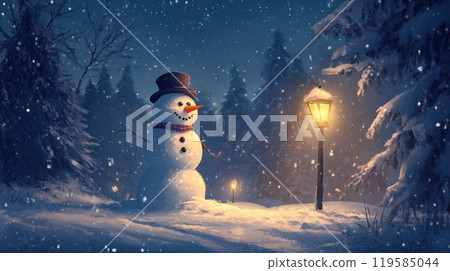 Snowman at night with lanterns glowing softly, peaceful winter scene with stars and snow-covered trees. Christmas Snowman at night with lanterns glowing softly, peaceful winter scene with stars and snow-covered trees. Christmas 119585044