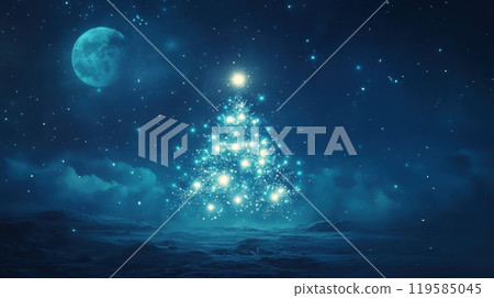 Mystical Christmas tree made of lights floating in the sky, with twinkling stars and a glowing full moon. Christmas 119585045