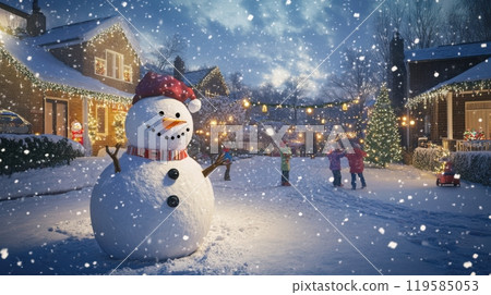 Playful snowman in a suburban backyard, kids playing in the snow, holiday decorations and twinkling Christmas lights. Christmas 119585053