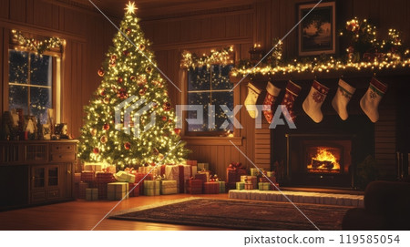Christmas tree glowing in a cozy living room, presents and stockings, warm lights creating an inviting holiday atmosphere. Christmas Christmas tree glowing in a cozy living room, presents and stockings, warm lights creating an inviting holiday atmosphere. Christmas 119585054