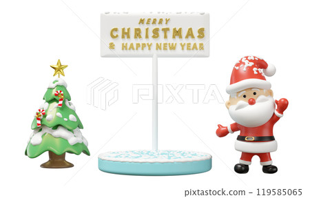 3d podium empty with santa claus, christmas tree, sign merry christmas and happy new year isolated. 3d render illustration 119585065