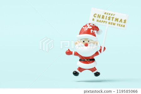 3d santa claus holding a sign merry christmas and happy new year isolated on blue background. 3d render illustration 119585066