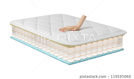 Hand pressed on soft bed with layered sheet material mattress, air fabric, pocket springs, natural latex isolated. 3d render illustration 119585068