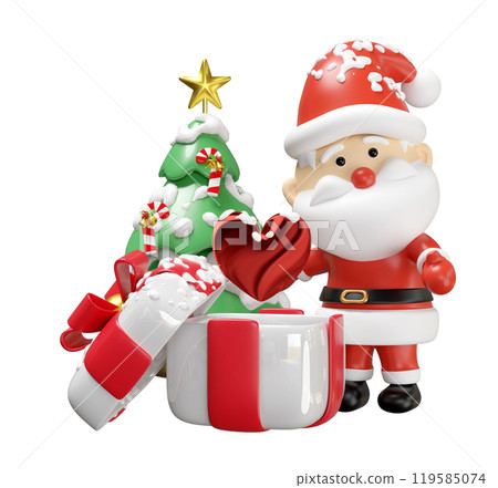 3d Santa claus with heart, open gift box, christmas tree isolated. poster or happiness cards, merry christmas, festive New Year concept, 3d illustration render 119585074