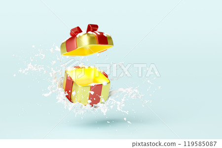 open gift box empty with bow, ice splash isolated on blu background. merry christmas and new year day concept, minimal abstract, 3d illustration render open gift box empty with bow, ice splash isolated on blu background. merry christmas and new year day concept, minimal abstract, 3d illustration render 119585087