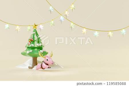 Merry Christmas and Happy New Year with clear glass lantern garland, star decoration, deer, christmas tree isolated on beige background. 3d render illustration Merry Christmas and Happy New Year with clear glass lantern garland, star decoration, deer, christmas tree isolated on beige background. 3d render illustration 119585088