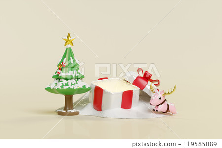 3d open gift box with deer, christmas tree isolated on beige background. merry christmas and happy new year, 3d render illustration 119585089