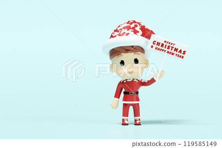 santa claus hand holding a sign merry christmas and happy new year isolated on blue background. 3d render illustration 119585149