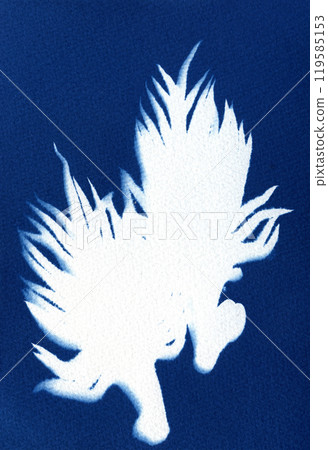 Plant skeleton. Plant silhouette. Silhouettes of plant on a blue background. Unique hand-printed monotypes in Prussian blue. 119585153