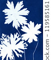 Silhouettes of plants. Unique hand-printed monotypes in Prussian blue. Cyanotypes, a kind of antique photography with freshly cut or dried flowers. Flower unique print. A Sun Print. 119585161