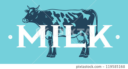 Cow, milk, dairy tag label. Template dairy farm, Milk Tag Label. Vintage cow print, tag, label sketch ink pencil drawing. Cow, milk dairy shop, text, typography. Vector Illustration 119585168