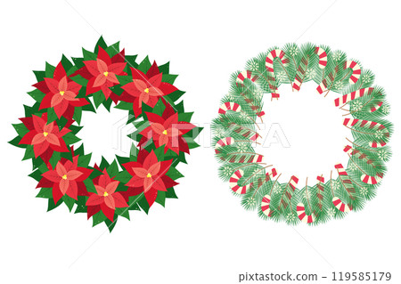 Poinsettia wreath and Pine twigs with Candy Cane and snowflakes Circle Frames in Christmas shades Poinsettia wreath and Pine twigs with Candy Cane and snowflakes Circle Frames in Christmas shades 119585179