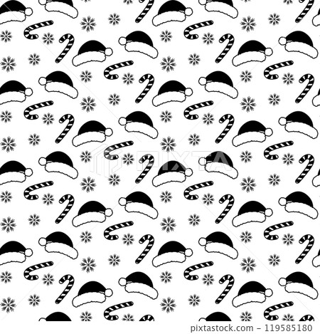 Santa hats, snowflakes and stripe Candy Cane Black and white Seamless Pattern in trendy doodle style Santa hats, snowflakes and stripe Candy Cane Black and white Seamless Pattern in trendy doodle style 119585180