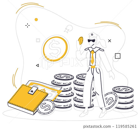 Savings account. A person wearing sunglasses and a cap holds a coin with stacks of other coins around them. A wallet with money is visible in the background. Ideal for financial security, investment 119585261