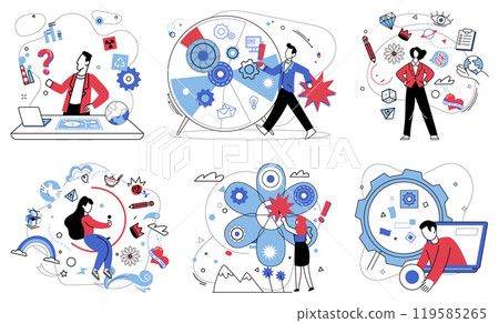 Thinking vector illustration. Thoughtful analysis is weaver, intertwining threads information into tapestry strategic solutions In theater contemplation, intelligence is lead actor, delivering Thinking vector illustration. Thoughtful analysis is weaver, intertwining threads information into tapestry strategic solutions In theater contemplation, intelligence is lead actor, delivering 119585265