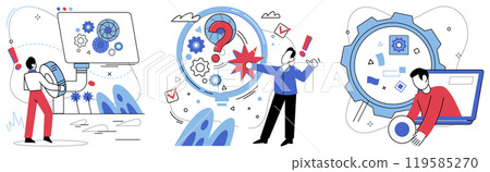 Thinking vector illustration. Thoughtful analysis is navigator, steering ship through turbulent seas information and discovery In garden contemplation, intelligence is gardener, tending to flowers Thinking vector illustration. Thoughtful analysis is navigator, steering ship through turbulent seas information and discovery In garden contemplation, intelligence is gardener, tending to flowers 119585270