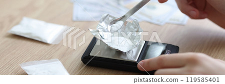 Female hands weigh drug white powder on electronic scales Female hands weigh drug white powder on electronic scales 119585401