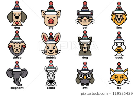Set of illustrations in the concept of various animals wearing Christmas hats in a line drawing style Set of illustrations in the concept of various animals wearing Christmas hats in a line drawing style 119585429