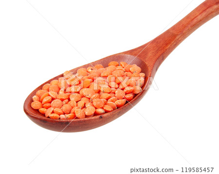 Red lentil in wooden spoon isolated on the white background Red lentil in wooden spoon isolated on the white background 119585457